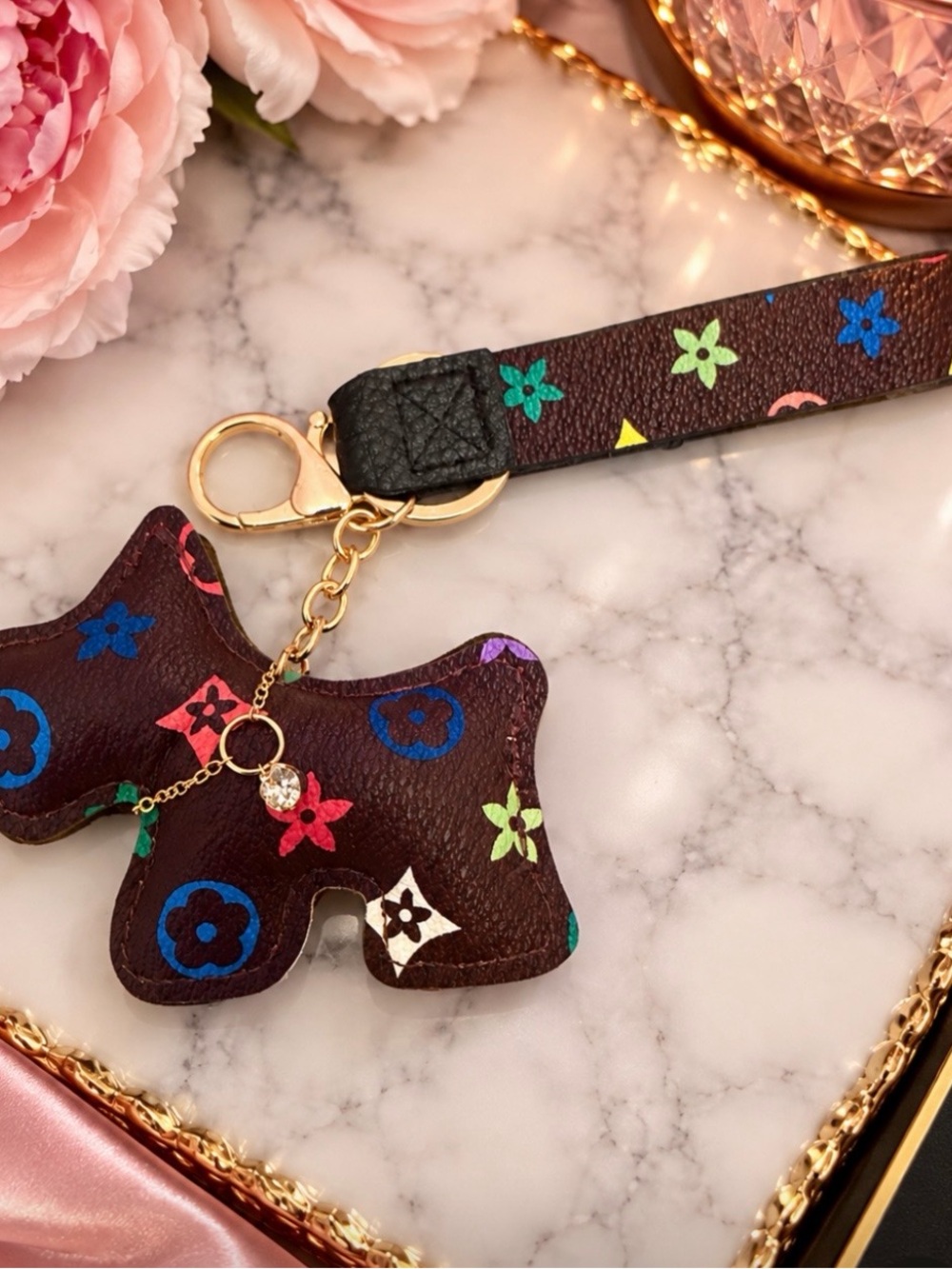Multicolor Floral Dog Charm Keychain - Brown